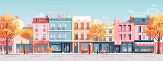 Pastel-colored row of townhouses with autumn foliage, giving a quaint and charming neighborhood feel.