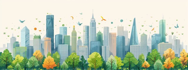 Green springtime cityscape with blooming trees and flying birds, portraying growth and renewal. - obrazy, fototapety, plakaty