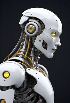 A close-up image of a humanoid robot with a highly detailed mechanical structure visible in the neck and shoulder area, featuring a white and silver head with yellow eyes