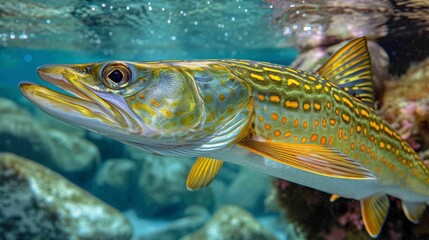 Obraz premium Underwater predator pike hunting prey in natural habitat sport fishing concept