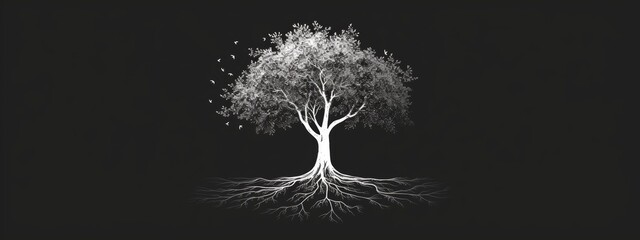 Stark black and white image of a tree losing leaves, representing change and the cycle of life. - obrazy, fototapety, plakaty
