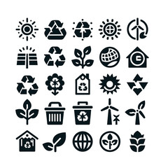 Set of sustainability and eco flrendly icons on grey background and black color. Flat and simple design on global effort for sustainability. Isolated items. Vector illustration. Use for promotion