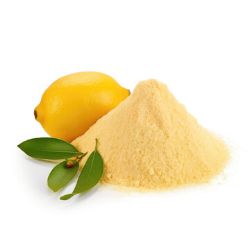 close up pile of finely dry organic fresh raw lemon peel powder isolated on white background. bright colored heaps of herbal, spice or seasoning recipes clipping path. selective focus