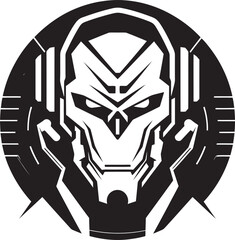 Techno Triumph Black Cybernetic Head Icon Digital Dynamo Vector Robot Face Symbol