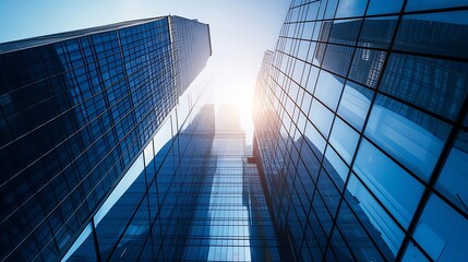 Generative AI : Bottom view of modern skyscrapers in business district against blue sky