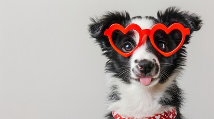 Funny border collie puppy with red heart-shaped glasses generative ai