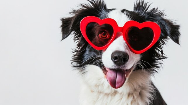 Funny border collie puppy with red heart-shaped glasses generative ai