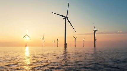 Generative AI : Offshore Wind Turbines Farm at sunset.