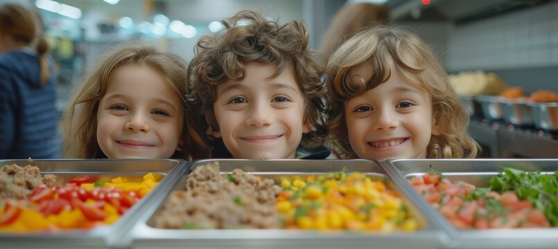 Children laughing and enjoying delicious buffet food at elementary school or hotel cafeteria