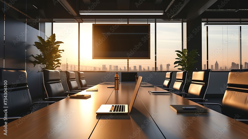 Aufkleber generative ai : conference room with wooden table with laptop and blackboard at sunset 3d render