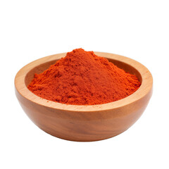 pile of finely dry organic fresh raw cayenne pepper powder in wooden bowl png isolated on white background. bright colored of herbal, spice or seasoning recipes clipping path. selective focus