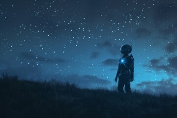 robot reflects on the meaning of existence against the backdrop of the starry sky