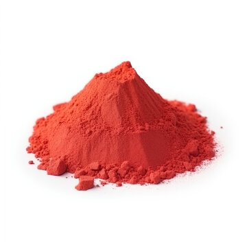 close up pile of finely dry organic fresh raw lycopene powder isolated on white background. bright colored heaps of herbal, spice or seasoning recipes clipping path. selective focus
