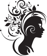 Obsidian Whisperer Black Floral Woman Icon Midnight Serenity Floral Face Design Element