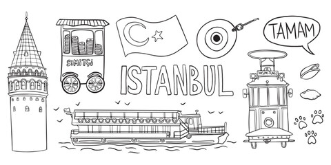 Line drawing of iconic Istanbul symbols: Galata Tower, tram, ferry, Turkish flag, simit cart, and "Tamam" speech bubble.
