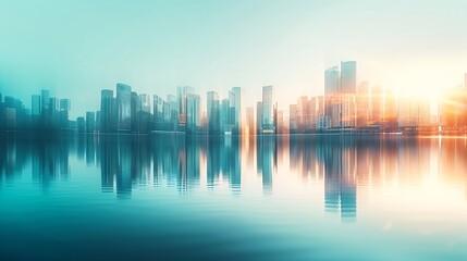 Fototapeta premium Generative AI : Panoramic and perspective wide angle view to steel light blue background of glass high rise building skyscraper 