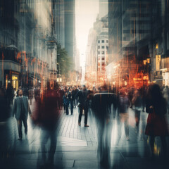 Fototapeta na wymiar crowd of anonymous blurred pedestrians walking along the city