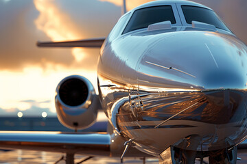 Fototapeta na wymiar Front of a beautiful luxury private jet with chrome front close up view at sunset with space for text or inscriptions 