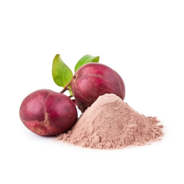 close up pile of finely dry organic fresh raw mangosteen powder isolated on white background. bright colored heaps of herbal, spice or seasoning recipes clipping path. selective focus