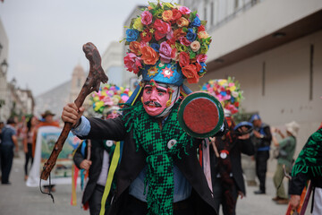 Dancers of the Ancash region with their typical costumes in the parade in the historical center of...