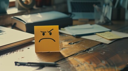 a sticky note with an suspicious face drawn on it by a disgruntled employee  - obrazy, fototapety, plakaty