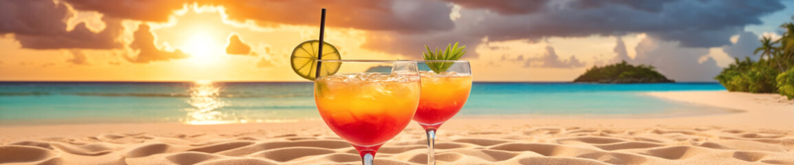 Tranquil scene with two glasses of cocktail on sandy beach at sunset, creating a relaxing atmosphere by the ocean