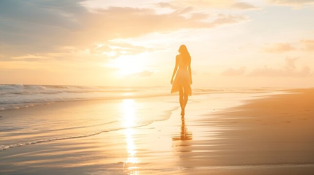 Generative AI : Carefree Woman walking at beach against sky during sunset