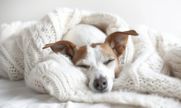 A jack russell terrier dog sleeping on a white blanket. Puppy sleeping on a cozy blanket on white background. Dog in modern interior.