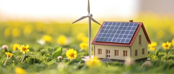 Eco-friendly country house with solar power and wind turbine amidst spring blossoms - obrazy, fototapety, plakaty