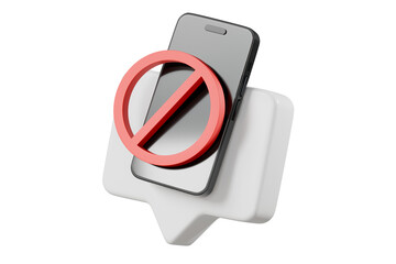 3D Speech Bubble Mobile phone with Forbidden sign with red crossed circle icon. Minimal Cartoon design creative icon isolated on white background. 3D Rendering.