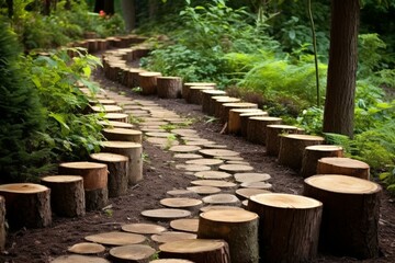 Moss-covered Path round logs backyard. Garden travel. Generate Ai