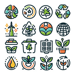 Set of eco friendly icon with color and black outlines. Isolated items. Vector illustration. Use for promotion, decoration and UI.