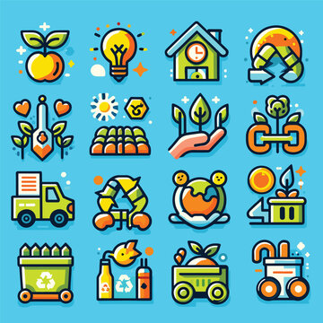 Set of agriculture and eco friendly icons on blue background. Flat and colorful 2d style. Isolated items. Vector illustration. Use for promotion, decoration and UI icons.