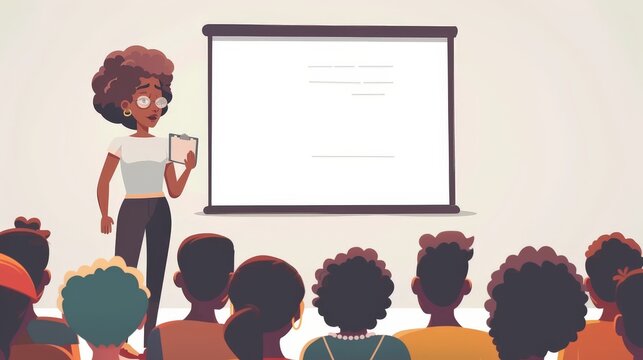 black woman giving a presentation with white board in front of a group of people in cartoon 