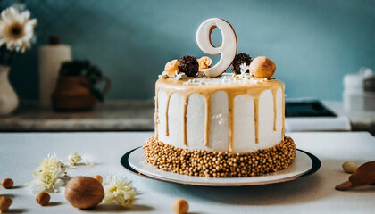 Festive happy birthday cream cake for nine-year-old child, 9 year anniversary celebration Sweet food