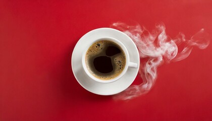 White coffee cup with smoke on red background 