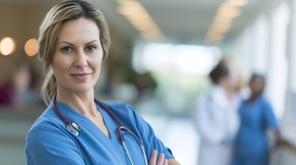 Generative AI : Portrait of happy young nurse in uniform with healthcare team in background.