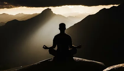 Fotobehang Silhouette of human sitting. Meditation in yoga. Psychology and relax © adobedesigner