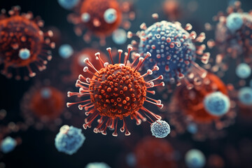 Viruses and bacteria macro close-up, microscopic view of floating influenza virus cells 3D illustration.  - obrazy, fototapety, plakaty