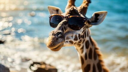 giraffe with sunglasses, sitting on a beach, generative ai