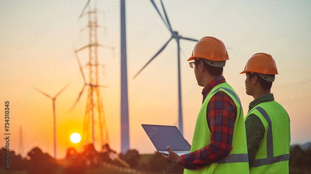 Poster generative ai : male and female engineers working on a wind farm atop a mountain in the rural.