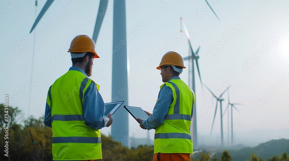 Poster generative ai : two professional maintenance engineers in safety workwear using laptop checklist win