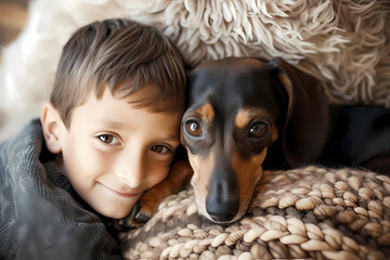 A young boy finds solace and joy as he tenderly cuddles with his Dachshund dog, creating a beautiful companionship and an unbreakable bond of affection and love - obrazy, fototapety, plakaty