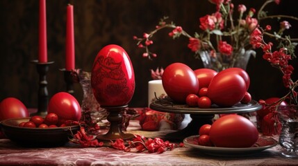 Traditional Easter colored eggs. The table is set for the holiday in red tones. napkin and plate with treats.
