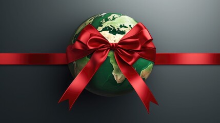 planet earth in the form of a gift tied with a red ribbon. Save the world. Eco friendly environmental message. Love.