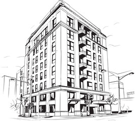 Monochrome Corporate Complex Black Multifloor Building Design Charcoal Urban Skyline Sketch Vector Building Icon in Noir