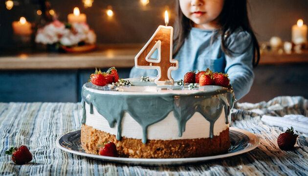 Festive happy birthday cream cake for four-year-old child, little girl toddler Sweet food