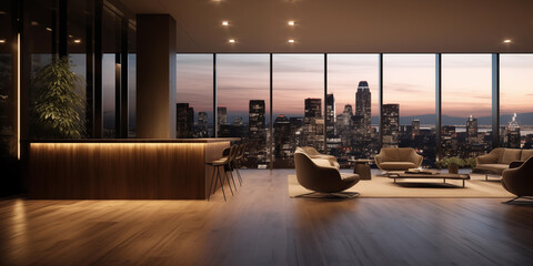 A luxury penthouse with floor-to-ceiling windows overlooking a city skyline, Living room night city view out of glass windows - obrazy, fototapety, plakaty