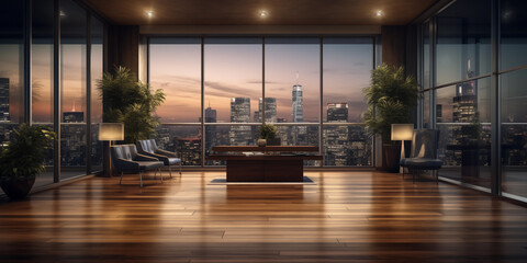 A luxury penthouse with floor-to-ceiling windows overlooking a city skyline, Living room night city view out of glass windows - obrazy, fototapety, plakaty