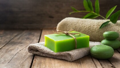 Obraz na płótnie Canvas Bright green homemade soap are placed next to a towel on a wooden floor.